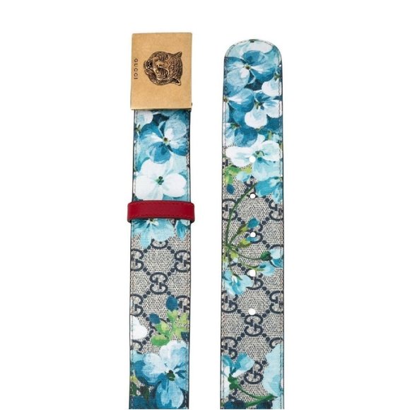 Gucci GG Supreme Blooms Belt with Brass Tiger Head Buckle in Blue New w DUSTBAG main image 5